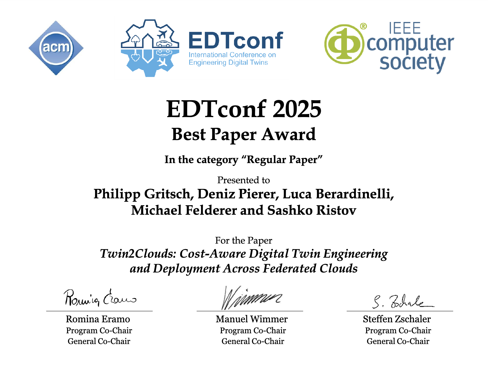 Twin2Clouds: Cost-Aware Digital Twin Engineering and Deployment Across Federated Clouds (Best Paper Award) Twin2Clouds: Cost-Aware Digital Twin Engineering and Deployment Across Federated Clouds (Best Paper Award)