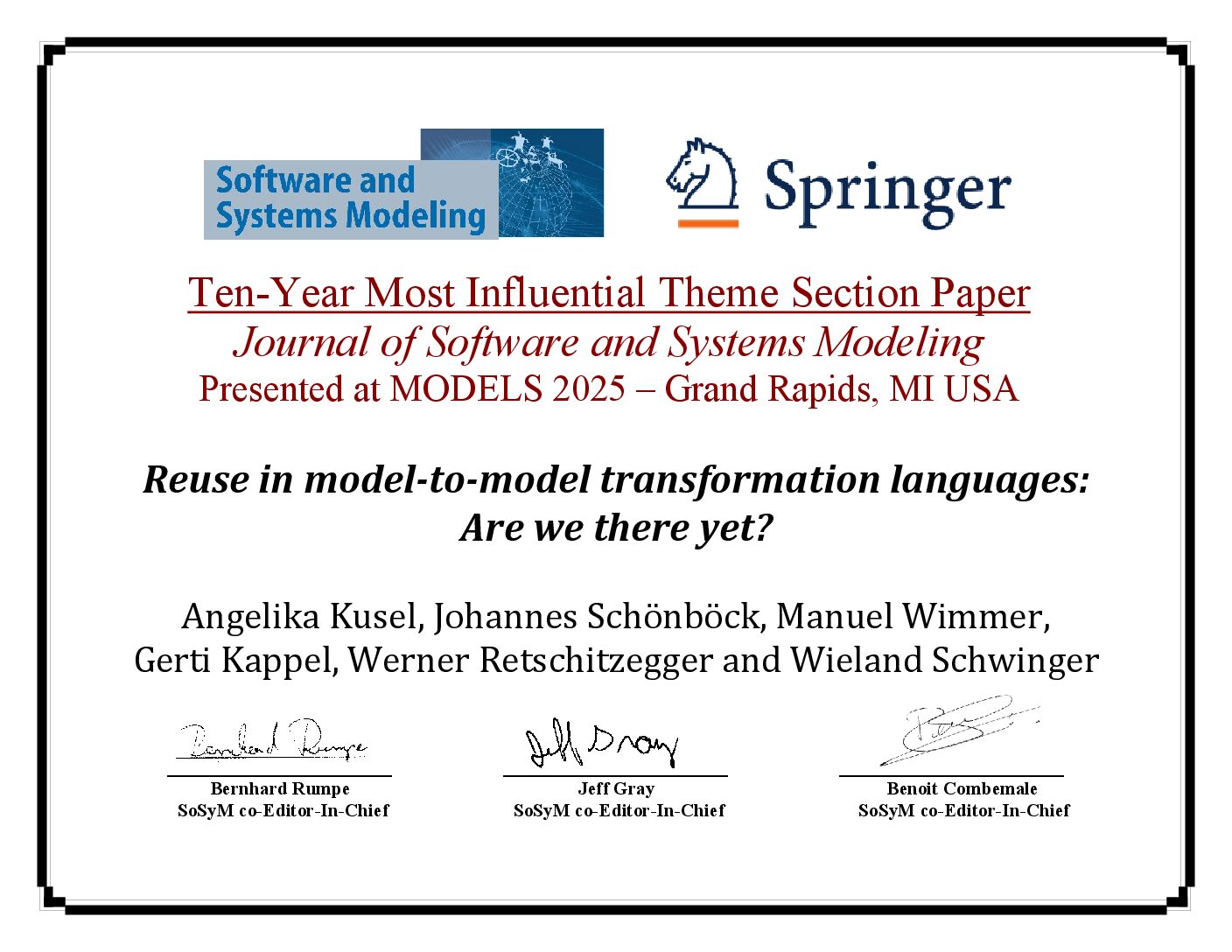 Manuel Wimmer and co-authors received award for most influential journal paper Manuel Wimmer and co-authors received award for most influential journal paper
